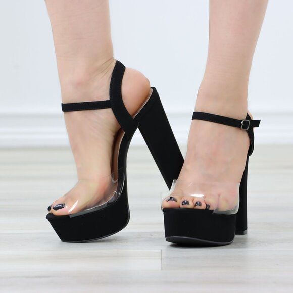 Black Suede Clear Strap Platform High Heels - Picture 12 of 12